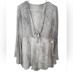 Altar'd State Snake Print Long Sleeve Sheer‎ Tie Front Cut Romper Size Medium